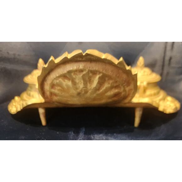 Ant Brass Double Inkwell Rococo Victorian Ornate Shell & Scroll Design Marked - Picture 4 of 9